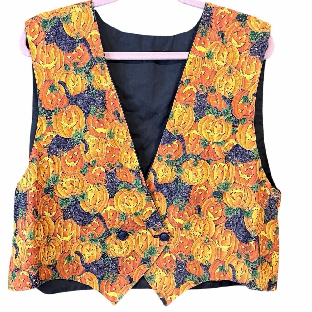 Handmade vintage Halloween vest black cat jack-o’-lantern pumpkins double button